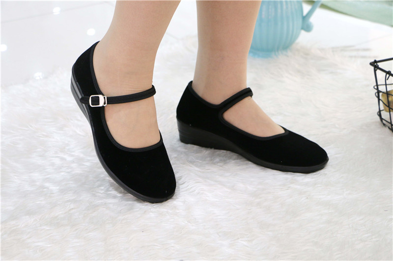 老北京布鞋官方正品女款一字拉带工作鞋 坡跟舒适工作鞋 舞蹈鞋