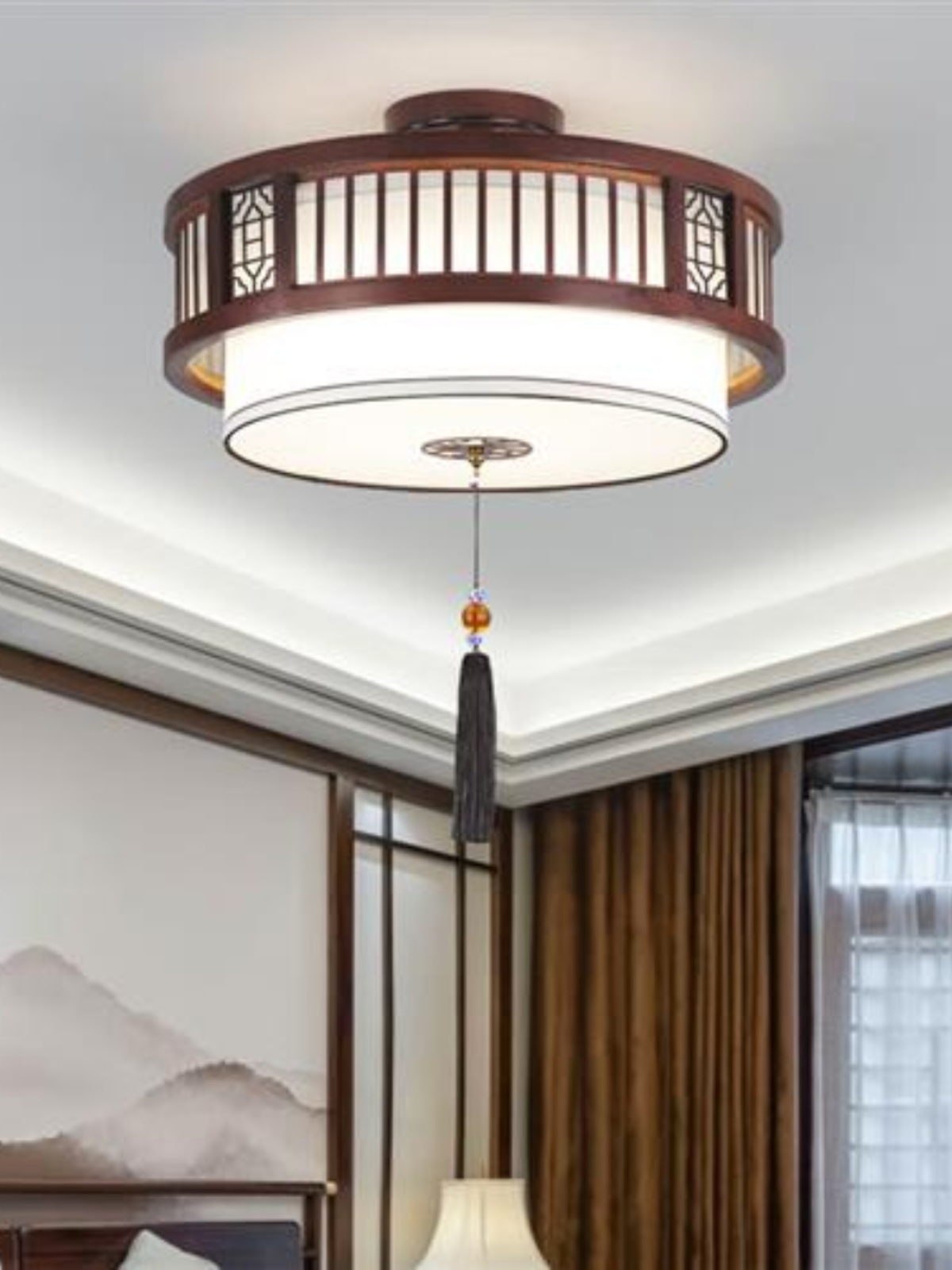 星红希亚广东中山灯具新中式造型灯过道灯实木餐厅卧室圆形茶室包