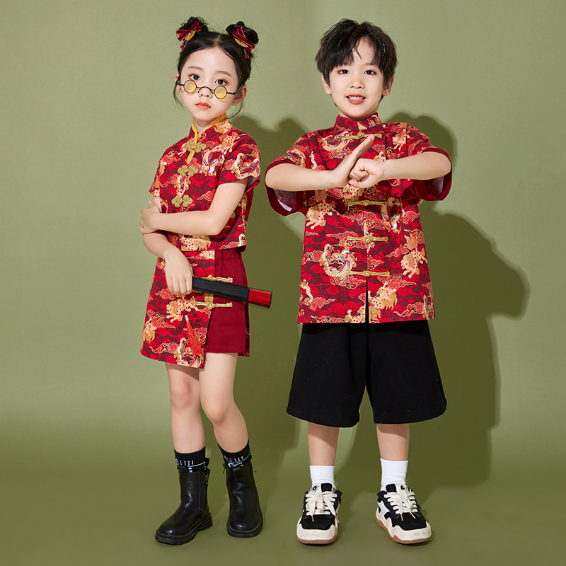 六一啦啦队儿演服中式童唐装男童表演服女出童汉服诗歌朗QIG诵舞