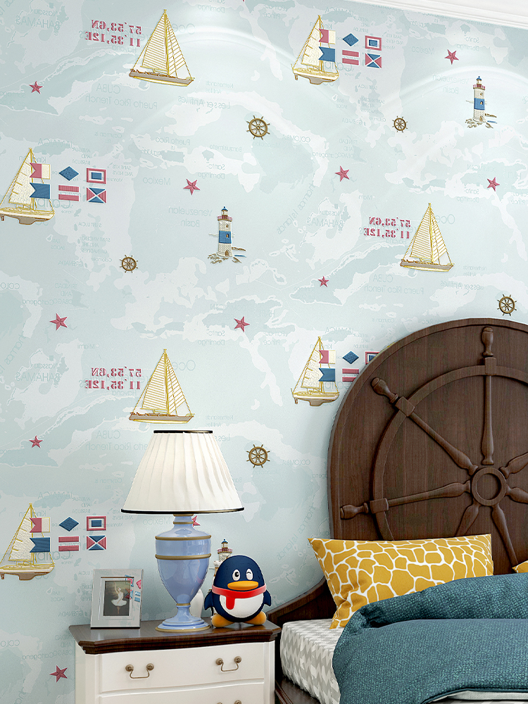 帆船墙纸地图儿童房间男孩男生男童卧室环保无甲醛卡通无纺布壁纸