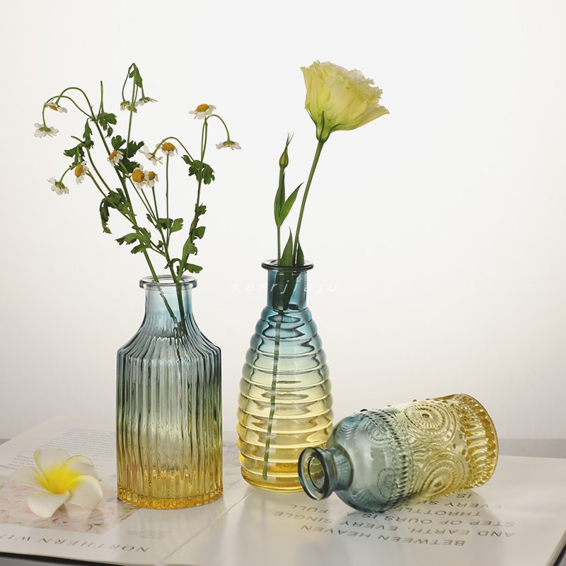 小花瓶水培插花客厅玻璃桌面艺术法式复古装饰摆件透明浮雕轻奢