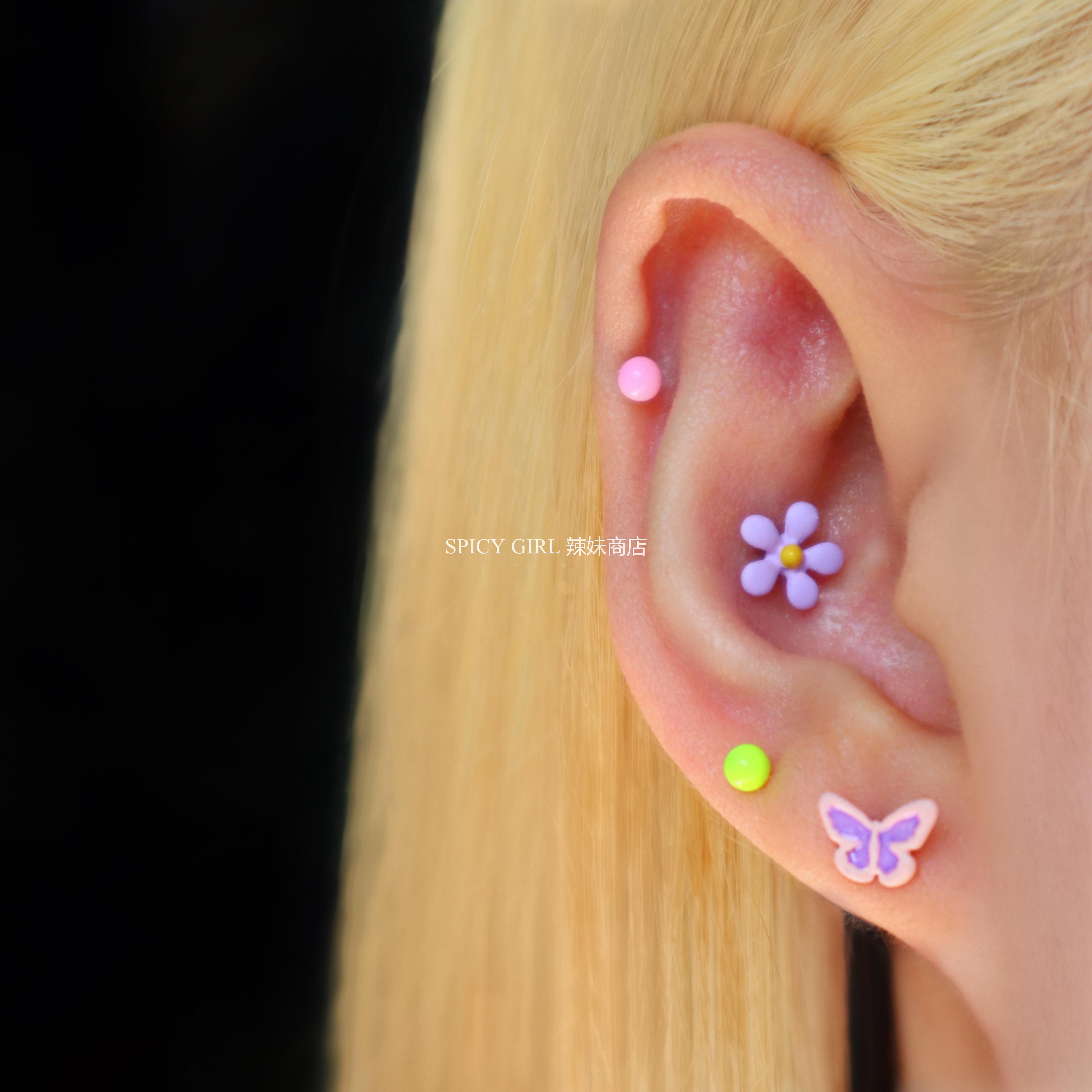 韩国甜美可爱童趣香芋紫色蝴蝶花朵钛钢螺丝耳骨钉 睡觉不用摘