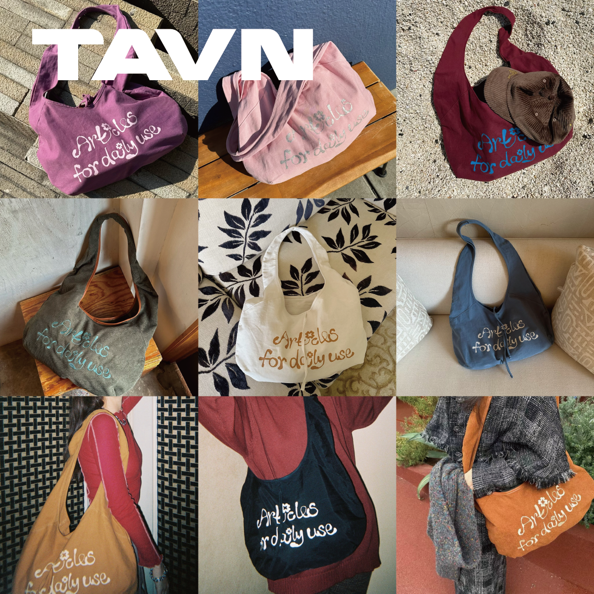 TAVN【Daily Puff Bag】字母小花帆布袋斜挎单肩灯芯绒圆弧包10色
