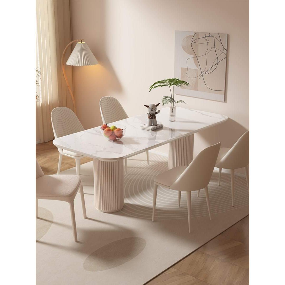 法式奶油风岩板餐桌家用现代简约轻奢小户型客厅网红吃饭桌椅子
