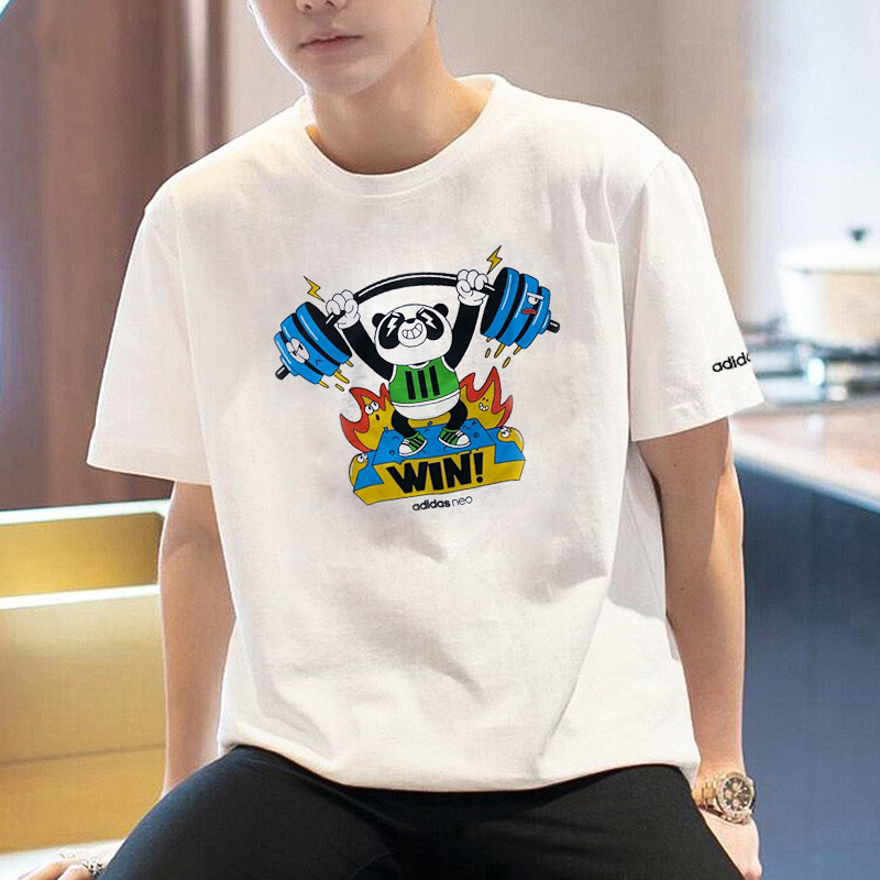 阿迪达斯白色T恤男春季新款熊猫印花半袖宽松篮球运动短袖HC3828
