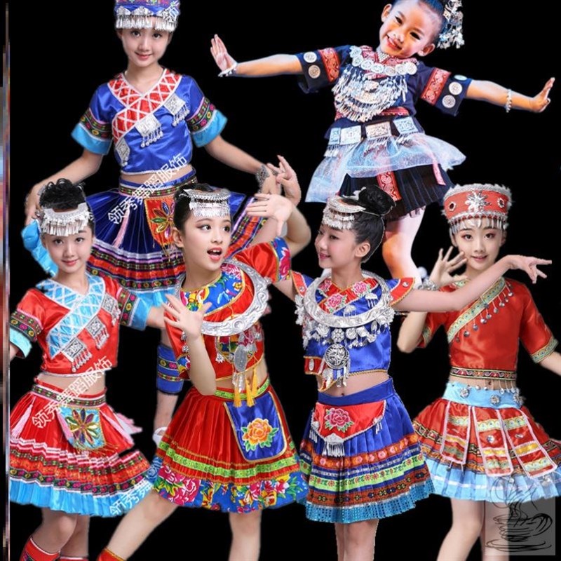 三月三民族服装儿童藏族瑶族广西壮E族少数民族舞蹈演出彝族男女