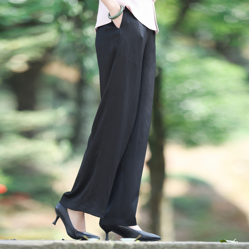 筠雅夏季新款中国风黑色复古改良直筒裤新中式女装休闲裤子24J153