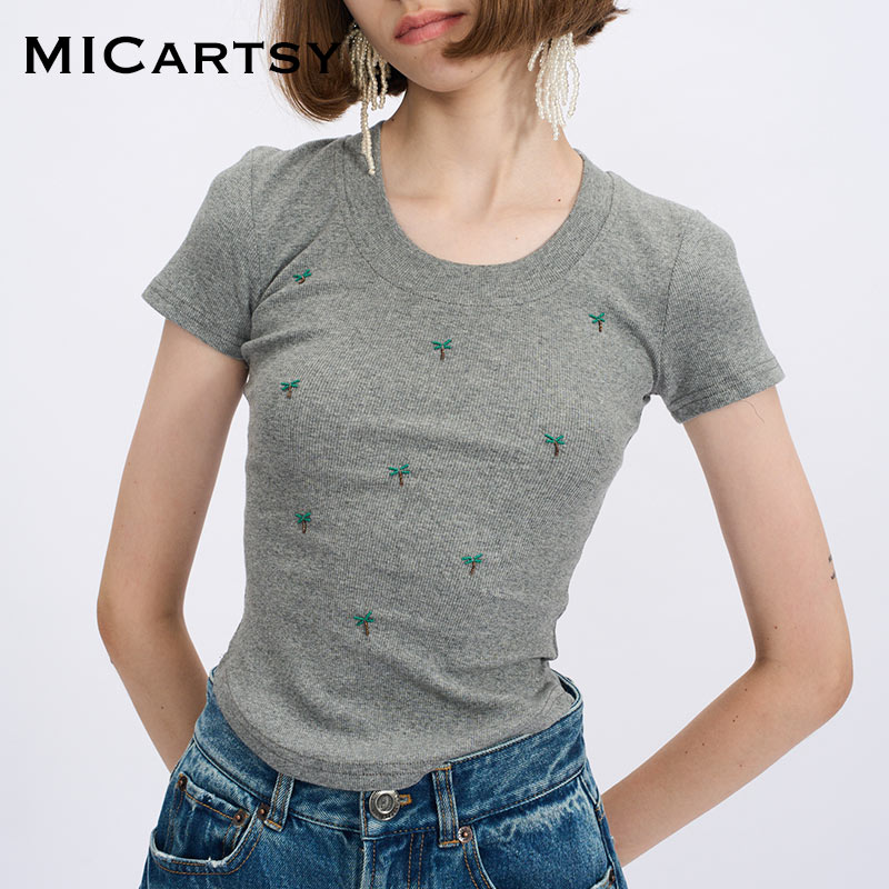 MICartsy王紫珊夏季新款法式灰色短袖修身t恤女士紧身针织上衣