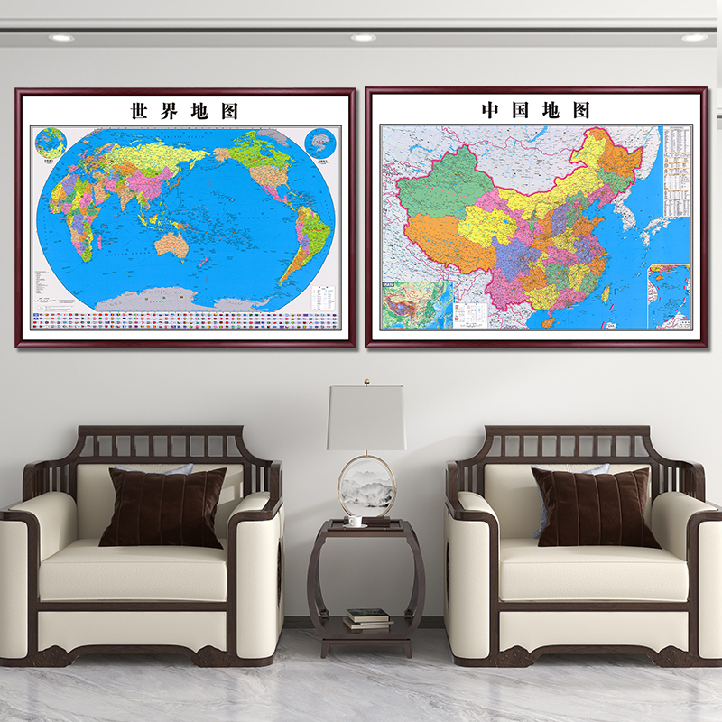 世界中国地图带框挂画可定制2023新版办公室装饰画大尺寸壁画墙画
