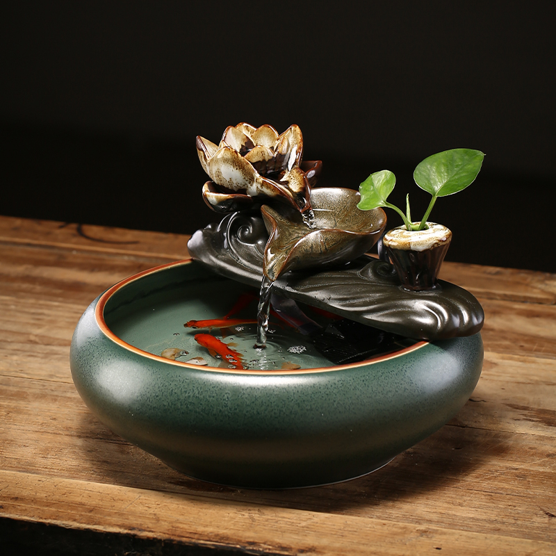 新中式招财流水摆件陶瓷小型桌面客厅茶桌办公室装饰品循环水景观