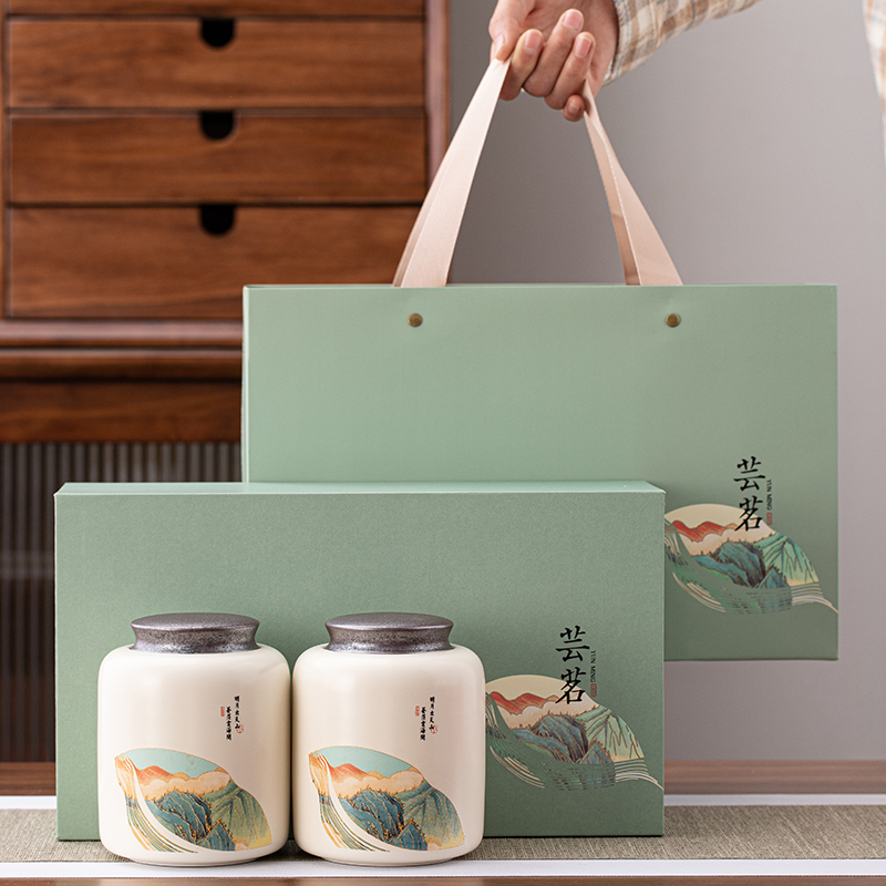 芸茗新品龙井绿茶陶瓷茶叶罐礼盒包装空茶盒普洱红茶定制印字logo