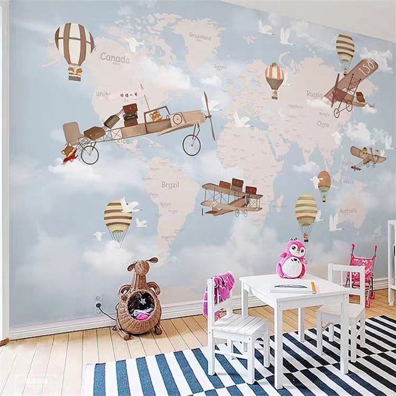 世界地图儿童房壁纸壁画男孩女孩卧室背景墙卡通壁纸环保壁纸墙布