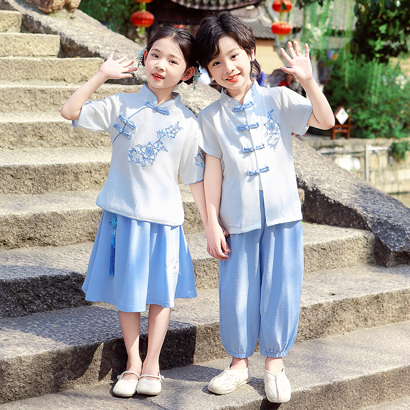 女童汉服夏装薄款唐装儿童套装男小童中国风短袖套装夏季演出服