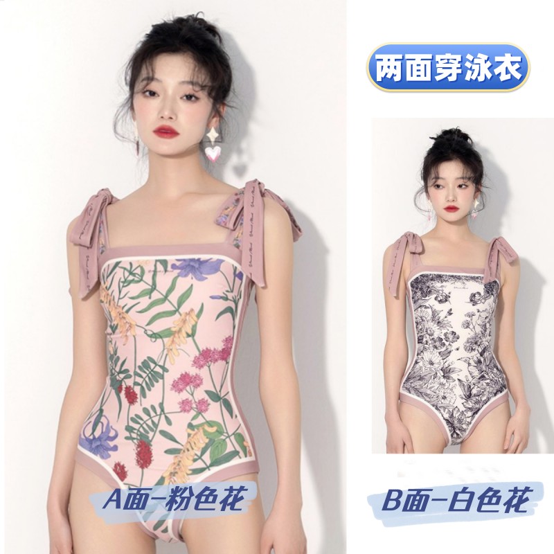 两面穿泳衣女2024新款中国风复古法式印花性感遮肚显瘦连体泡温泉