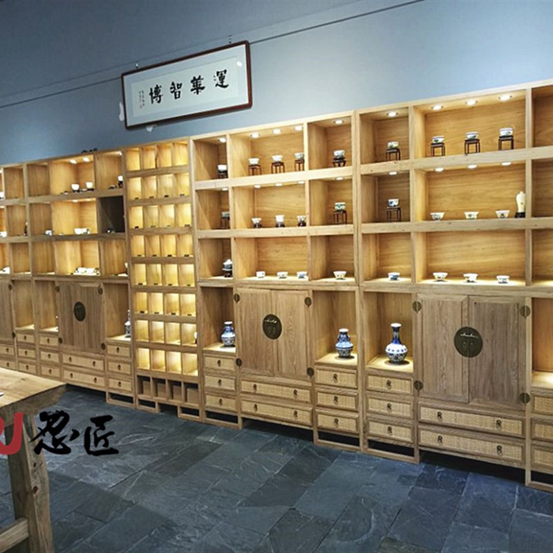 极速新中式展柜老榆木茶叶陶瓷工艺品展示柜古董紫砂壶博古架实木