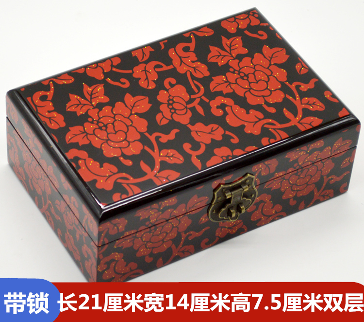 新山西平遥推光漆器首饰盒木质复古中式木质实木化妆盒中国风带锁