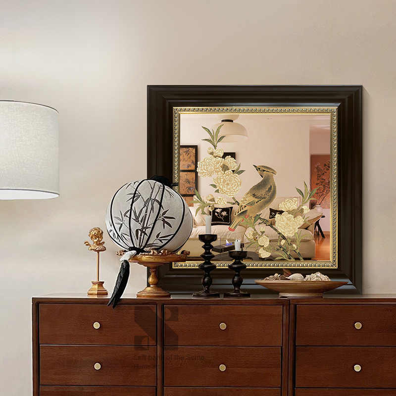 《桃花山鸟图》中古风镜子装饰画高级感法式中国风卧室桌面摆画