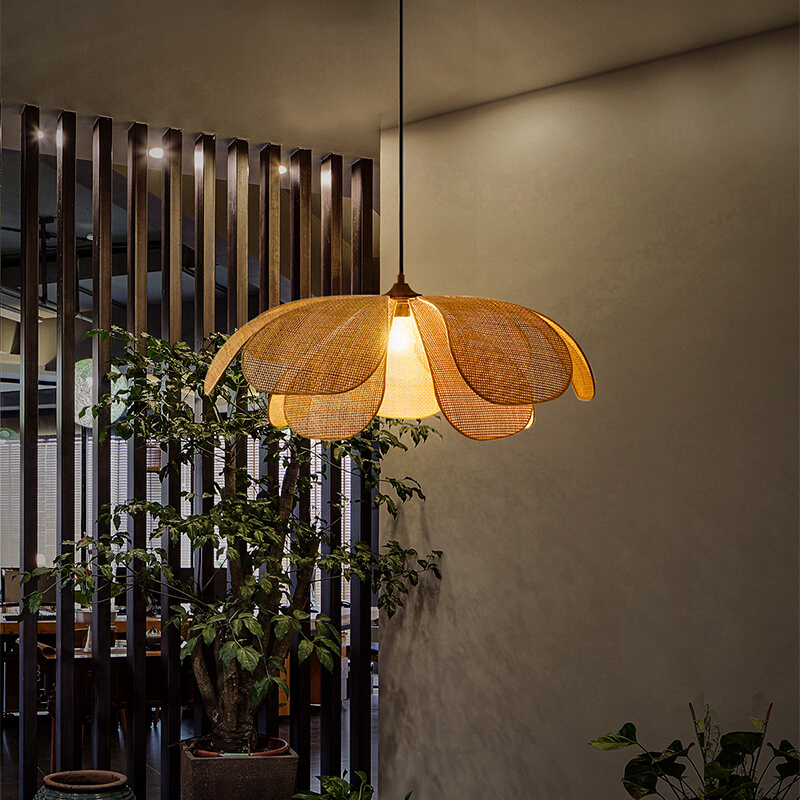 日式禅意茶室编织民宿餐厅卧室客厅藤编艺术花瓣创意个性法式吊灯