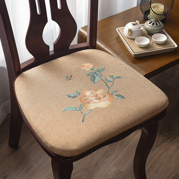 中式椅垫坐垫餐椅垫棉麻花朵刺绣家用实木加厚防滑餐桌椅子垫座垫