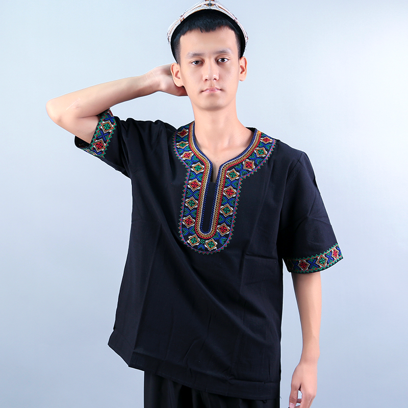 夏季男棉麻刺绣短袖t恤新疆餐厅员工服装中国风圆领宽松透气上衣