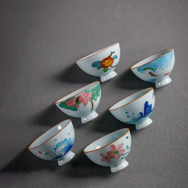 家用中式堆釉手绘白瓷茶杯功夫茶具主人杯陶瓷品茗杯茶道中国风