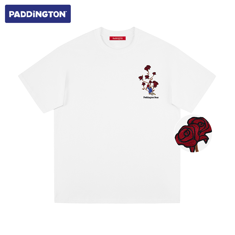 帕丁顿熊 卡通小熊绅士玫瑰刺绣宽松休闲情侣短袖T恤 男女同款