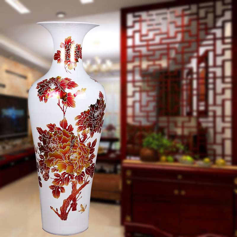 高档景德镇陶瓷落地大花瓶中国红色牡丹客厅新房中式装饰1米大号