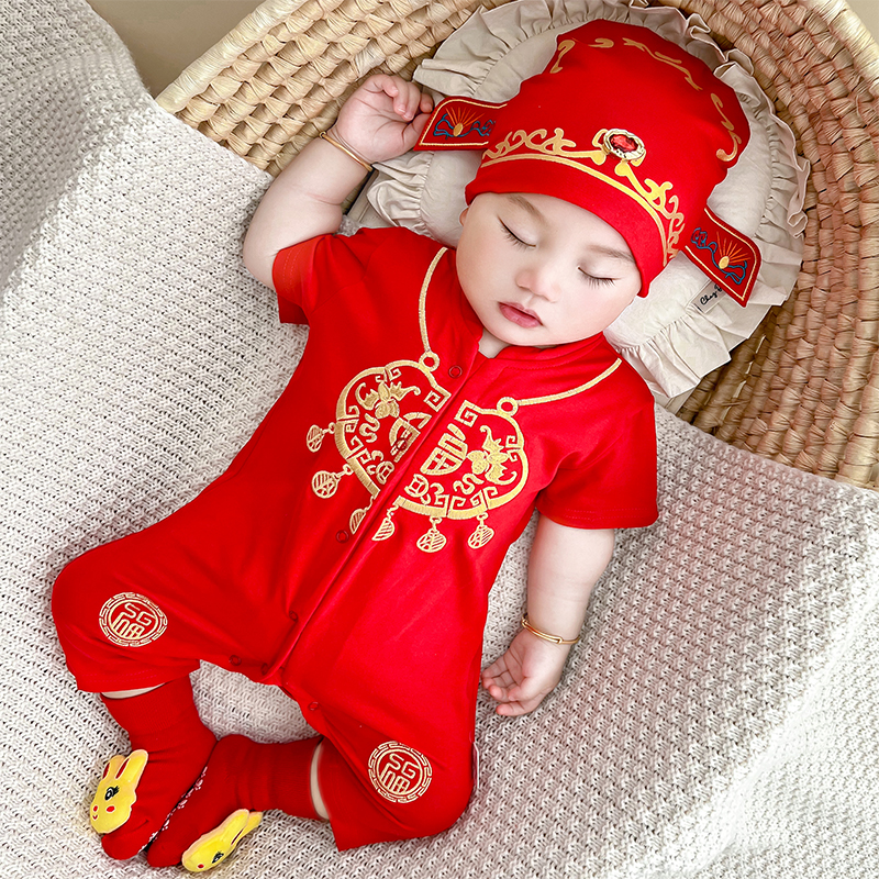 男宝宝满月百日宴婴儿衣服纯棉夏季薄款男孩周岁抓周礼服中国风红
