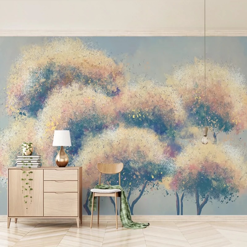 棵树一手绘油画艺术壁画墙纸客厅沙发卧室简约北欧电视背景墙壁纸