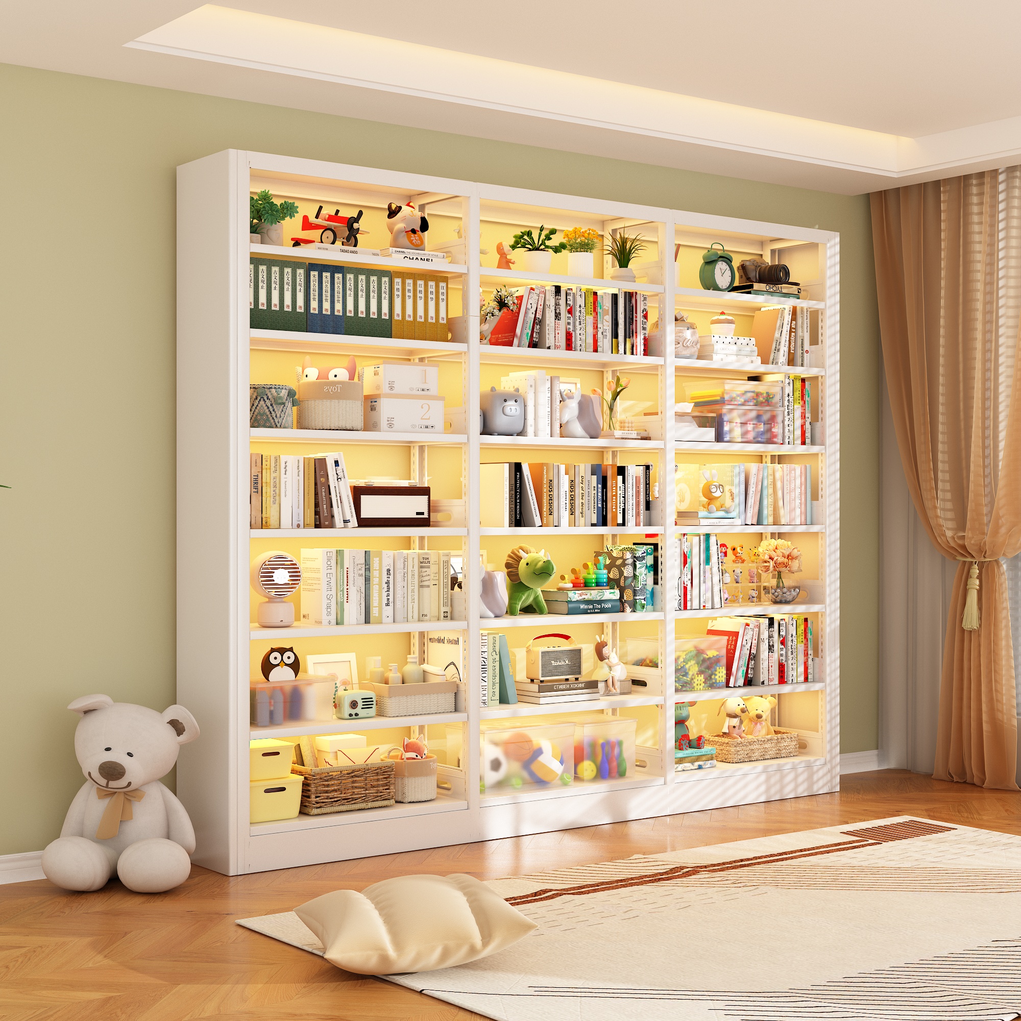 家用图书馆钢制一体书架学生儿童书籍架靠墙收纳柜铁艺落地储物架