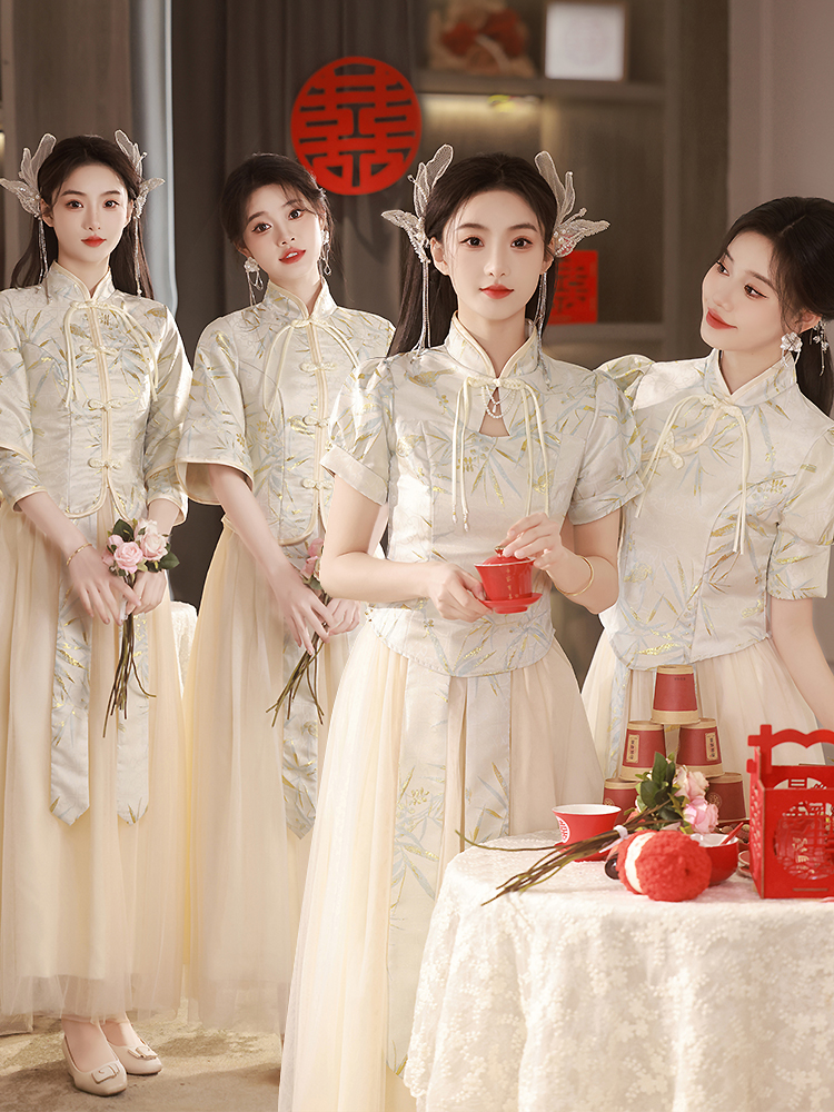 伴娘服女2024新款中式复古中国风香槟色姐妹团礼服裙平时可穿夏季