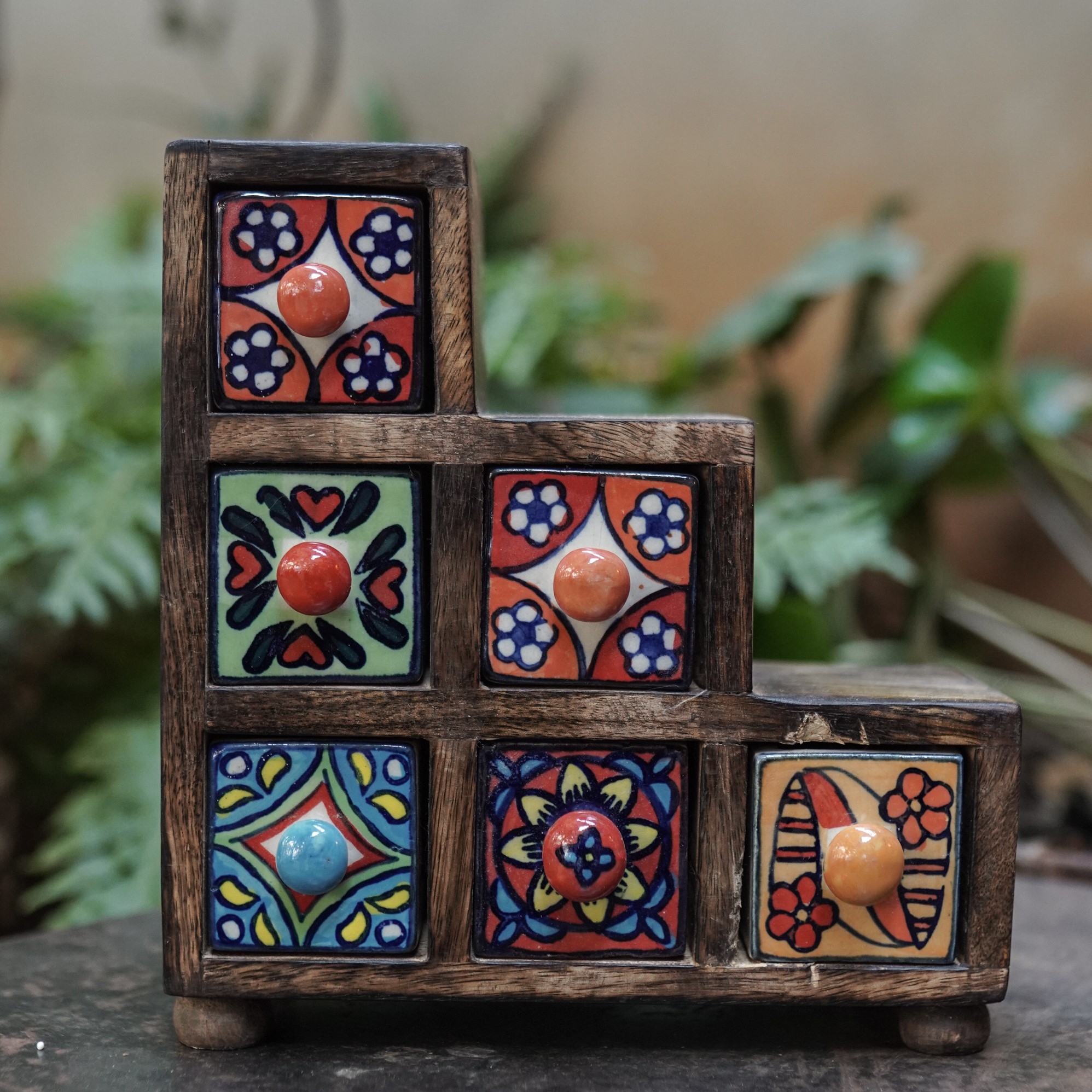 印度手绘陶瓷收纳盒首饰盒手作木质异域风情摆件-大号