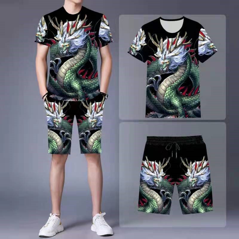 夏季潮流男士休闲套装大码T恤套装宽松短袖短裤青年运动服中国风
