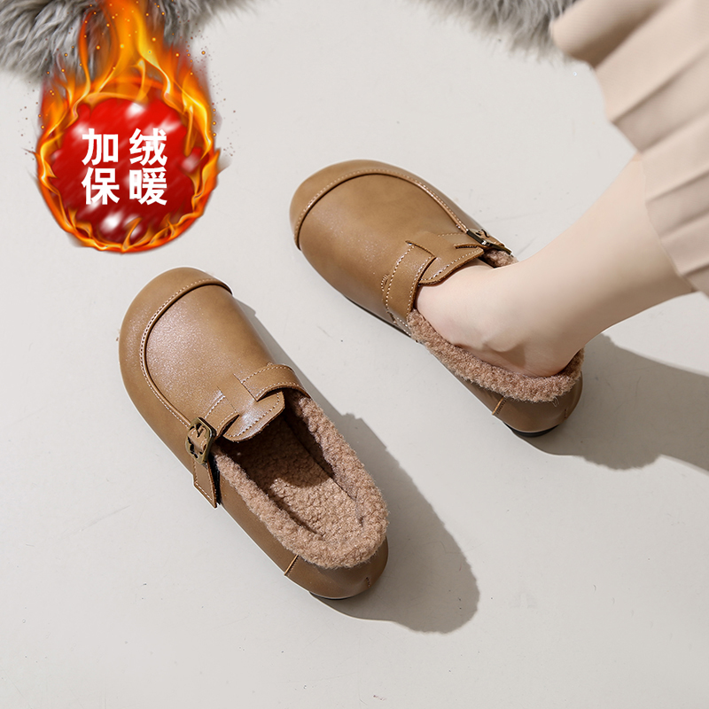 高档老北京棉鞋女冬加绒保暖妈妈鞋一脚蹬皮面防水豆豆鞋冬季新款