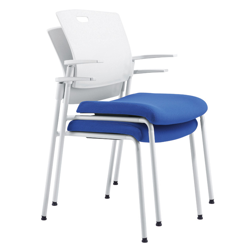白色塑钢展厅接待椅带扶手堆叠会议椅网布办公椅图书阅览椅培训椅