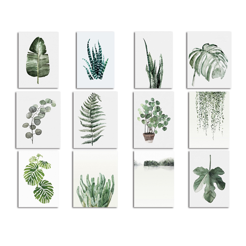 现代简约绿色植物叶子装饰画北欧小清新挂画无框画油画布打印画芯