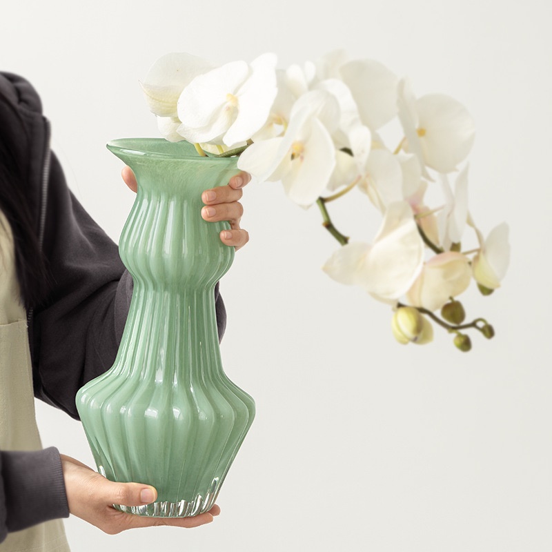 推荐视远琥珀鱼尾玻璃花瓶复古小众客厅插花装饰奶玉系艺术松霜绿