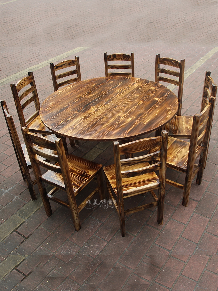 商用碳烧松木餐桌椅实木碳化酒店餐桌餐椅快餐店大排档饭店大圆桌