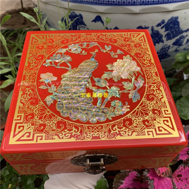 新木质 中国风 平遥 漆器 掐铜丝 镶嵌鲍鱼贝壳 珠宝首饰盒