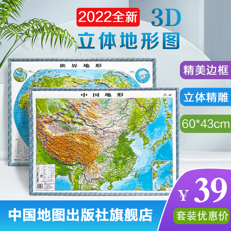 中国地图世界地图两张 3D地图立体地形套装 中号60x43cm 精美边框 立体精雕 书房客厅教室墙贴 学生用 中国地图出版社