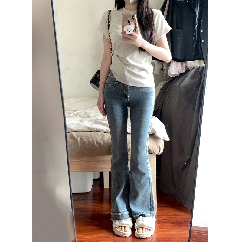 Me2T喇叭裤女2023年夏季新款浅色磨毛小众设计感高腰微喇长裤子潮