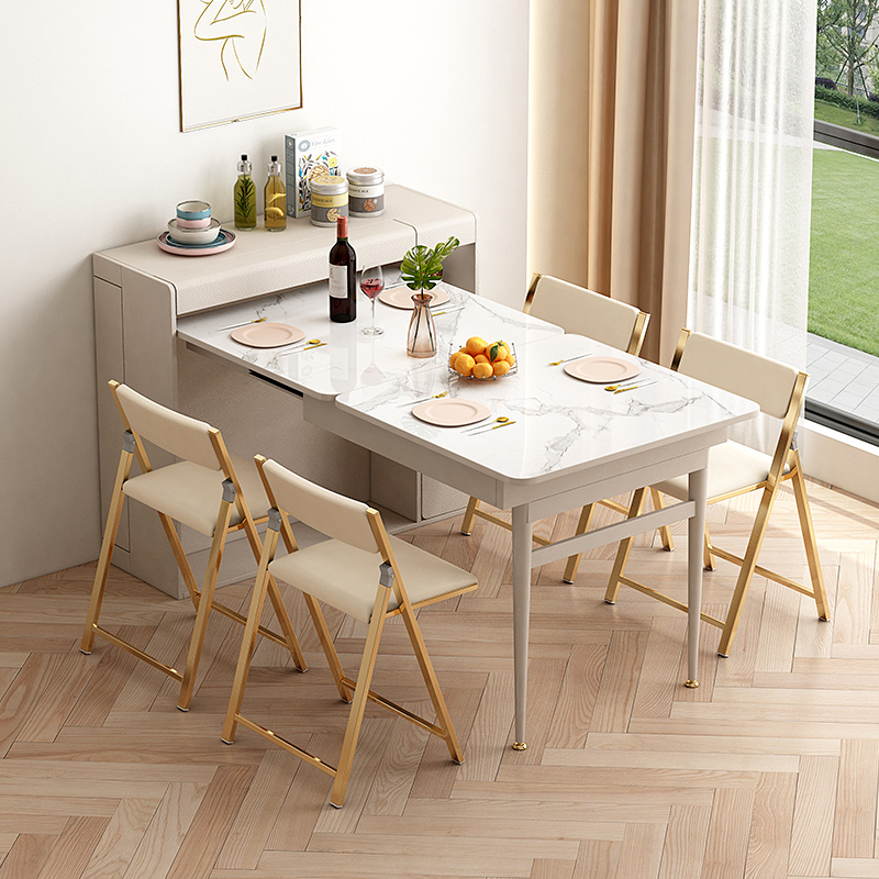 轻奢奶油风岩板折叠餐桌小户型家用现代简约长方形伸缩饭桌椅组合