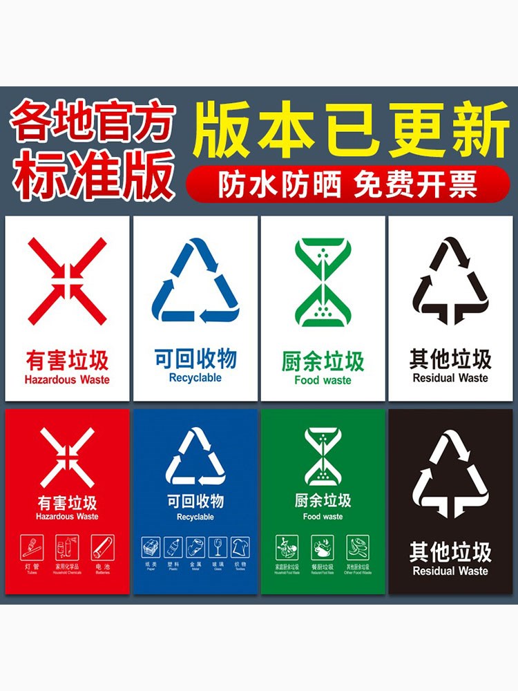 垃圾桶标识垃圾分类标识贴纸北京上海杭州苏州成都武汉垃圾桶标志不可回收有防水防晒专属定制尺寸