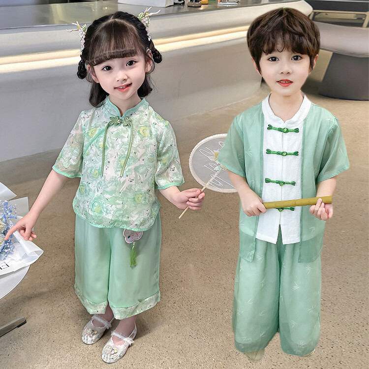 元旦表演汉服男女童中国风夏装复古套装儿童唐装幼儿园班服演出服