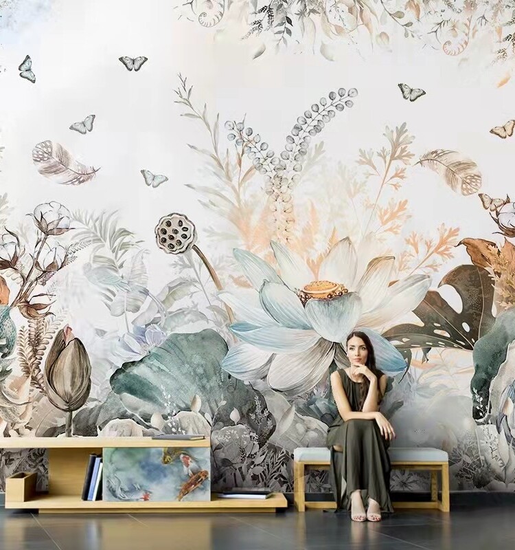 北欧壁纸植物荷花花卉艺术墙纸客厅电视背景墙画无缝墙布定制壁画