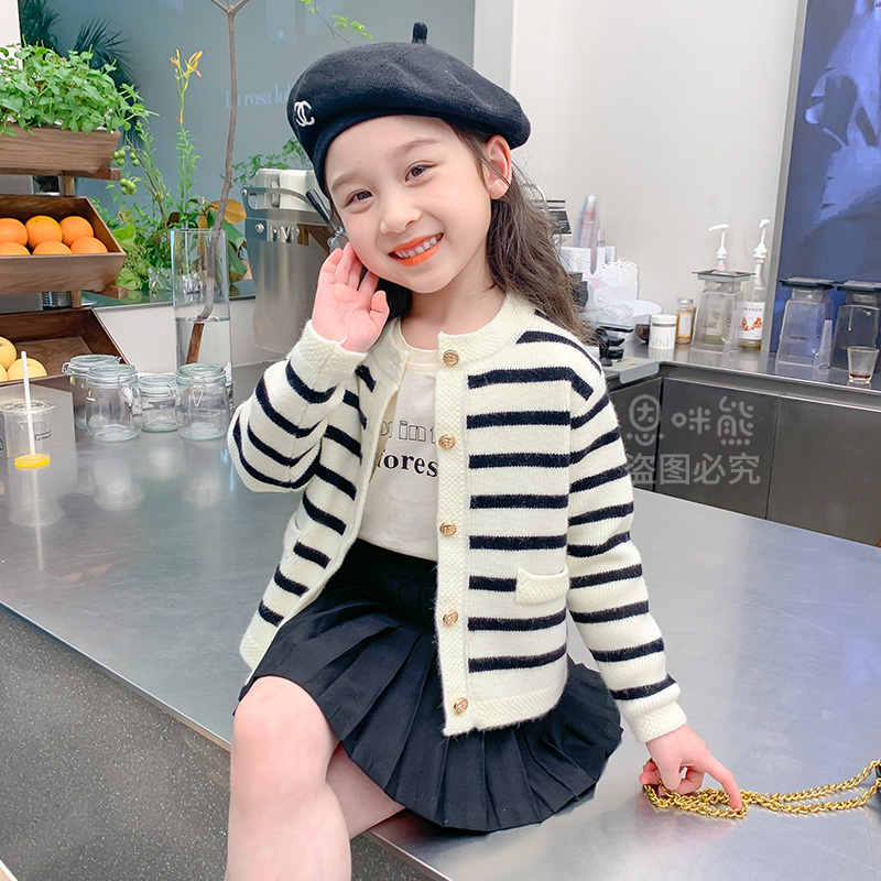 韩系女童针织开衫加绒春秋季新款韩版儿童洋气条纹毛衣外套长袖潮