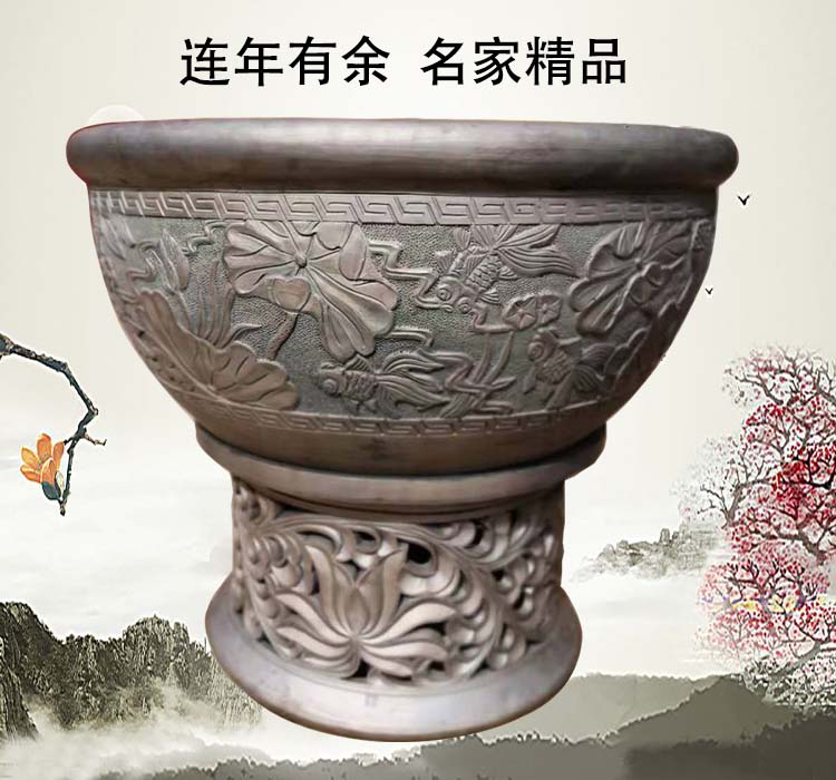 连年有余老北京雕刻鱼盆纯手工瓦盆澄江泥金鱼缸黑陶缸非物质文化