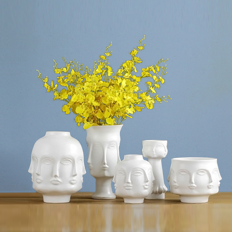 景德镇创意简约北欧美缪斯伊迪朵拉白色陶瓷雕刻抽象人脸花瓶系列