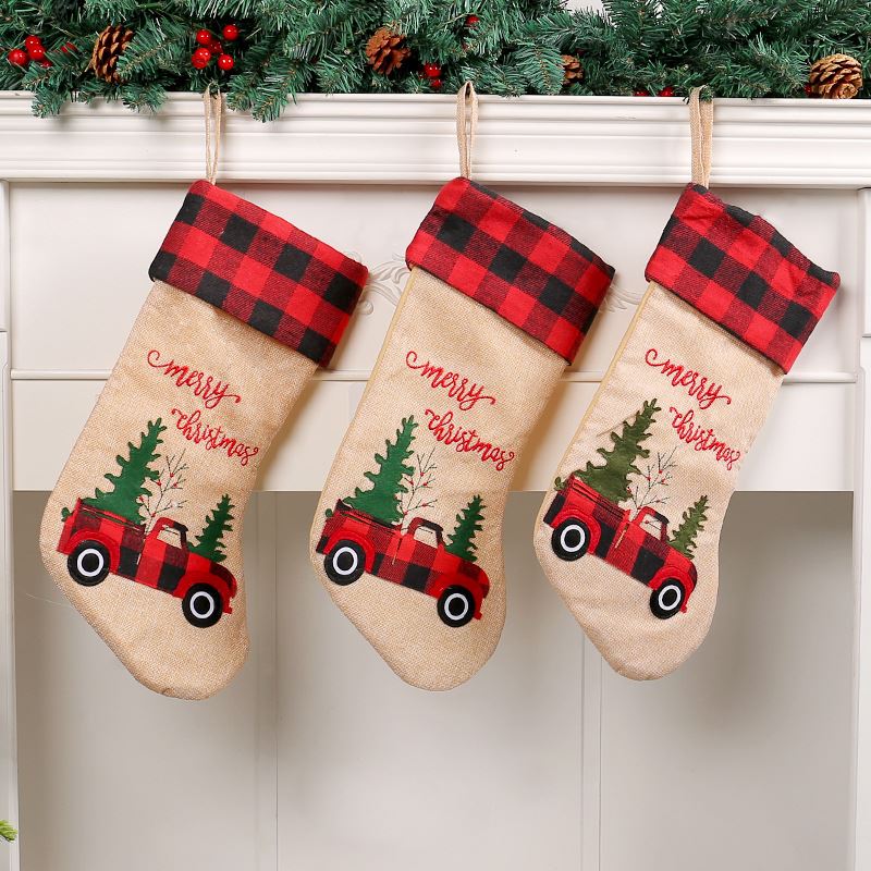 港之恋圣诞装饰用品红黑格子汽车圣诞树圣诞袜礼物袋糖果袜礼品袋