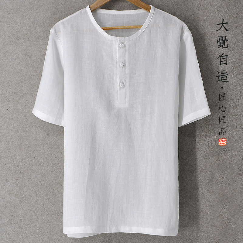 中国风亚麻圆领t恤男复古风夏季青年宽松透气上衣中式纯色薄短袖